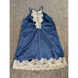 Oh La La Cheri Blue Lace Trim Babydoll Chemise‎ Nightgown Size Small